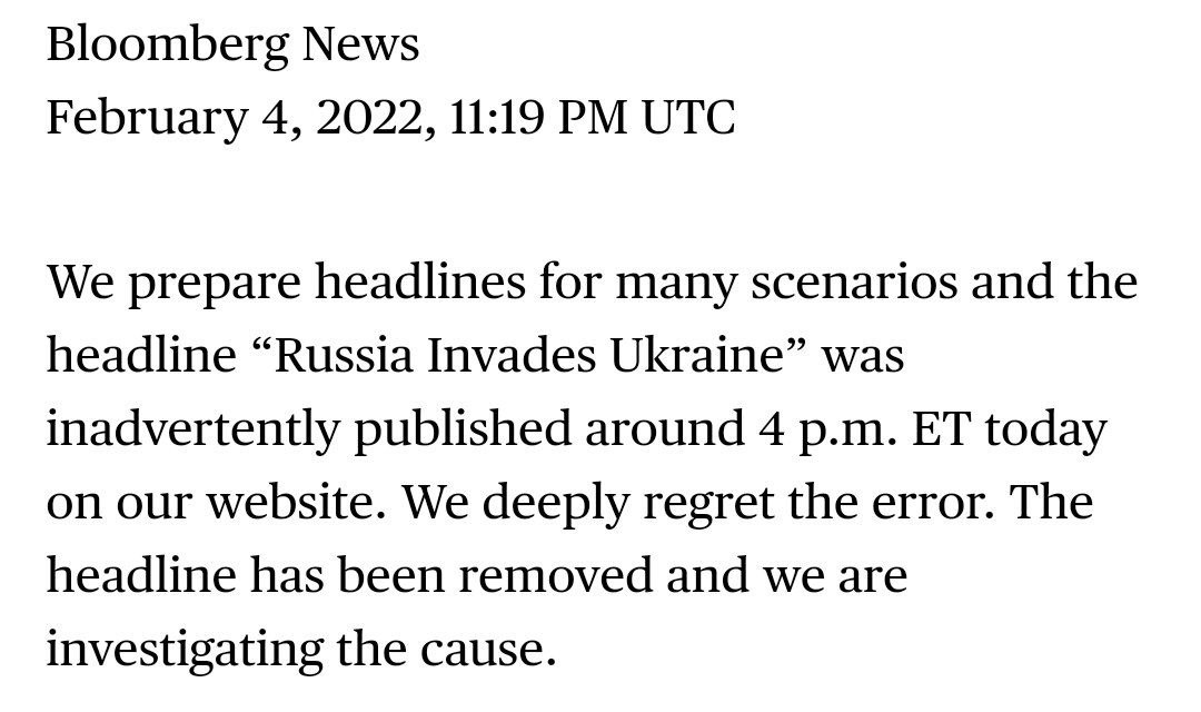 Bloomberg выпустил текст о вторжении России на Украину, затем удалил его и признал ошибку