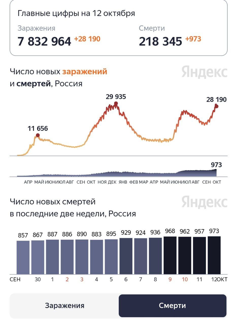 В России очередной рекорд по смертности от коронавируса за сутки - погибло 973 человека