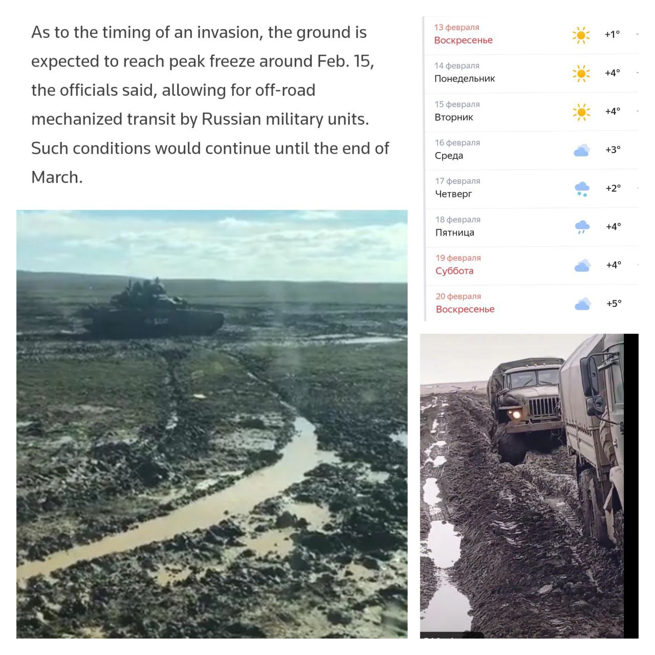 Решили проверить погоду, которая по сообщению таинственных официальных лиц Reuters, идеально позволит добраться российским войскам в Украину по идеально промерзшей земле