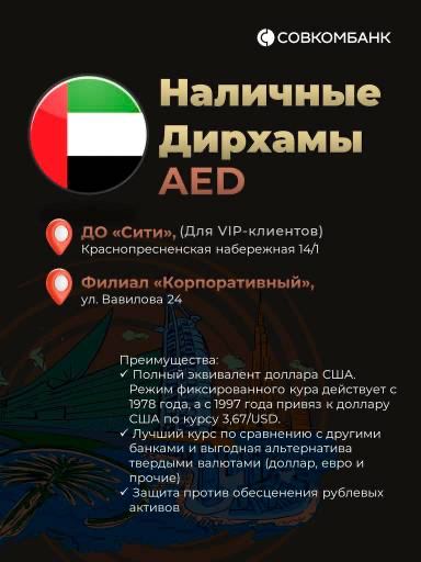 Совкомбанк первым из российских банков запустил торговлю наличным дирхамом ОАЭ

Одну из самых стабильных валют в мире Банк предлагает физлицам в инвестиционных целях, как альтернативу доллару и евро, а также для использования в туристических или деловых 