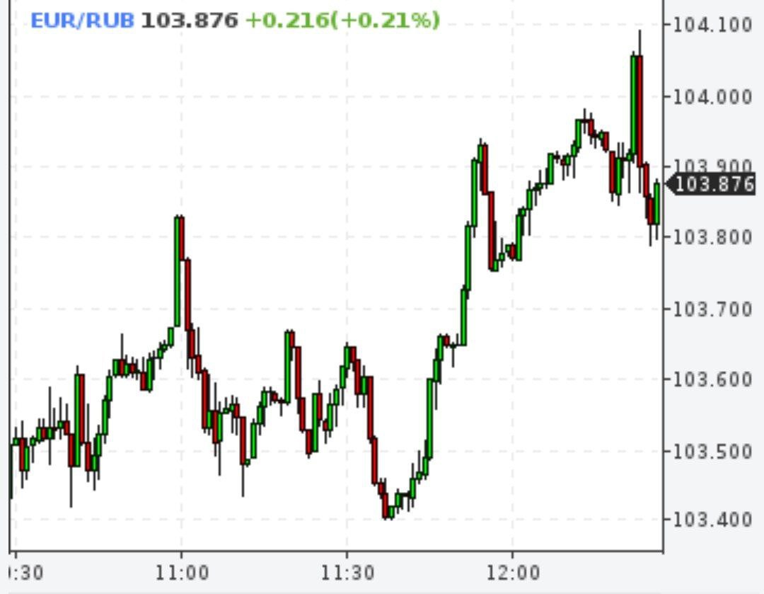 Евро достиг отметки 104 рубля на Московской бирже