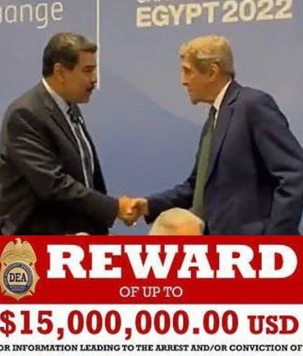 Спецпредставитель США по климату Джон Керри поймал на саммите по климату в Египте Николаса Мадуро, за поимку которого американцы два года назад объявили награду в 15 млн долларов, пишет Пул3