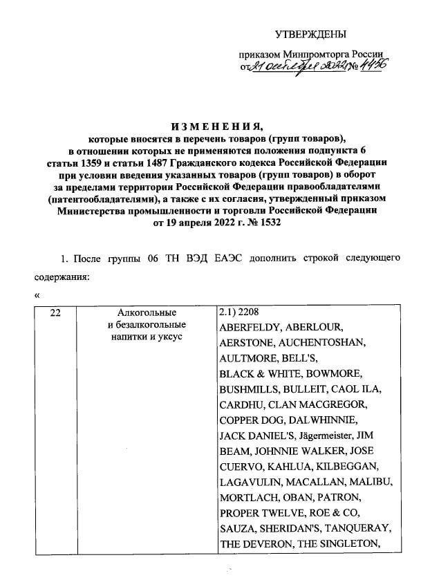 Минпромторг включил в список для параллельного импорта алкоголь