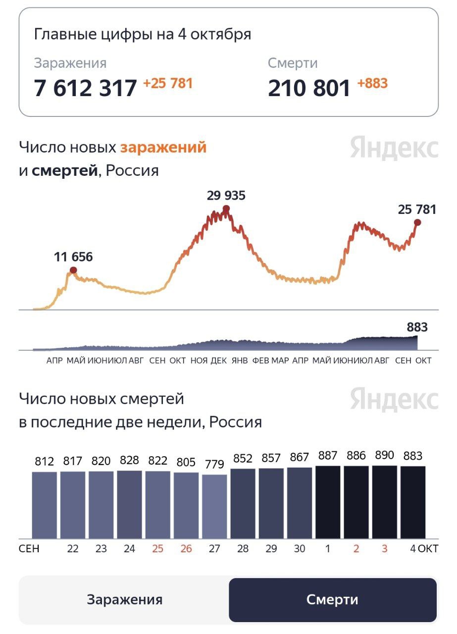 В России за последние сутки выявили 25781 случай COVID-19, умерли от инфекции 883 человека