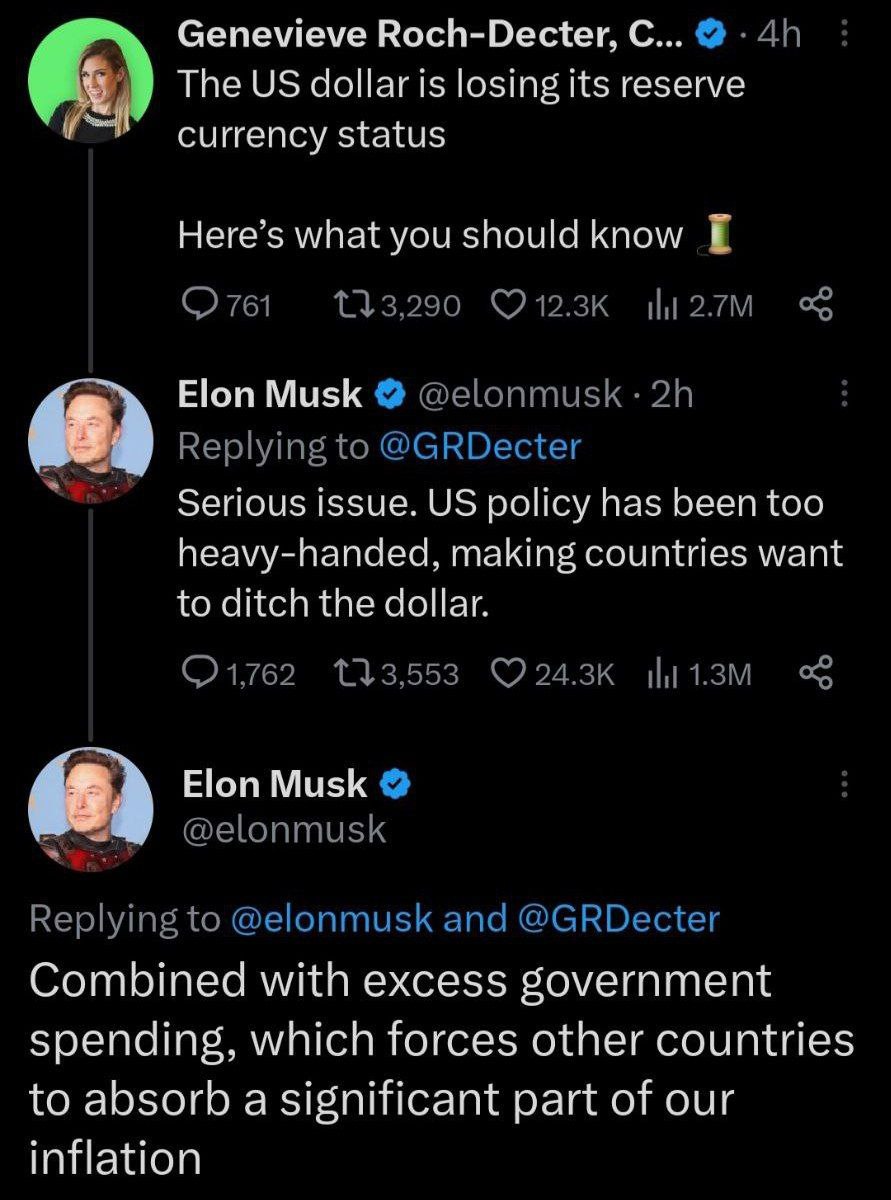 Илон Маск считает, что нынешняя политика США и инфляция угрожают резервному статусу доллара