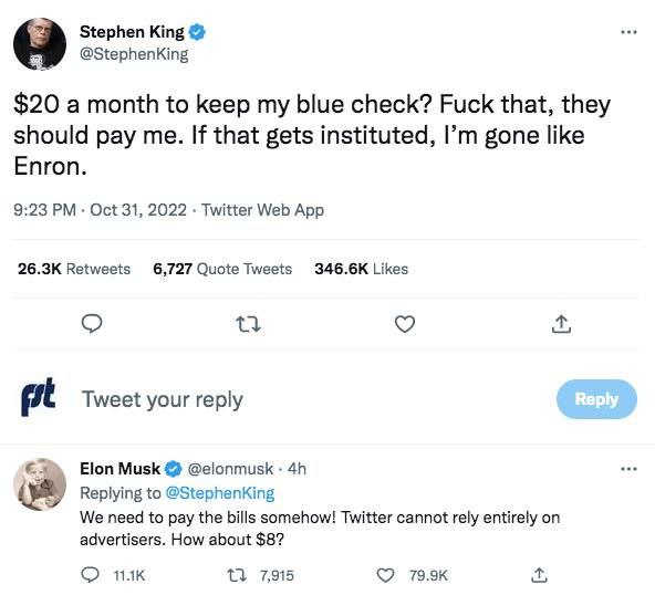 Илон Маск начал торговаться со Стивеном Кингом за стоимость месячной подписки в Твиттер