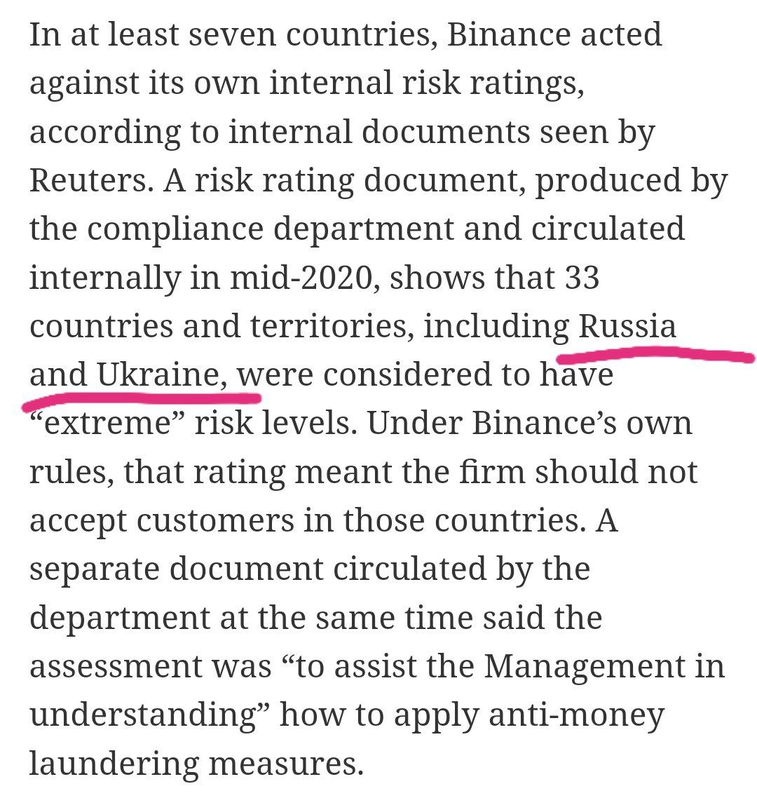 Внутренний отдел комплаенса крупнейшей в мире криптобиржи Binance в 2020 году рекомендовал руководству площадки не работать с пользователями из России, Украины и еще пяти стран