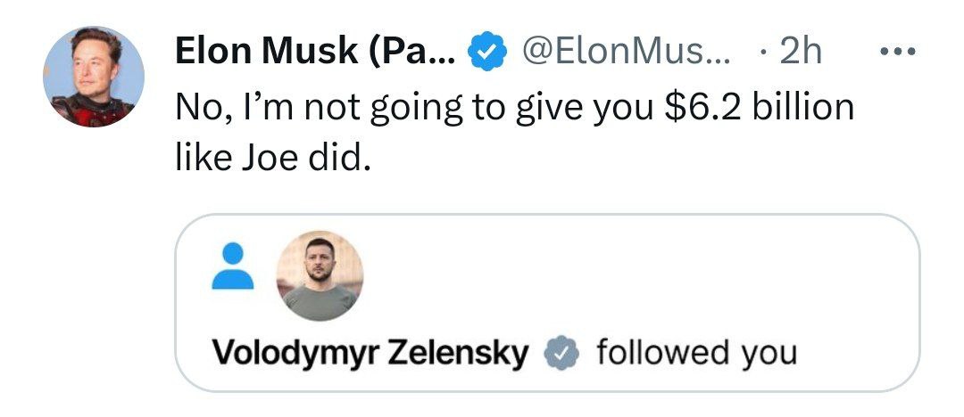 Илон Маск сказал, что не позволит Зеленскому просить у него деньги как у Байдена