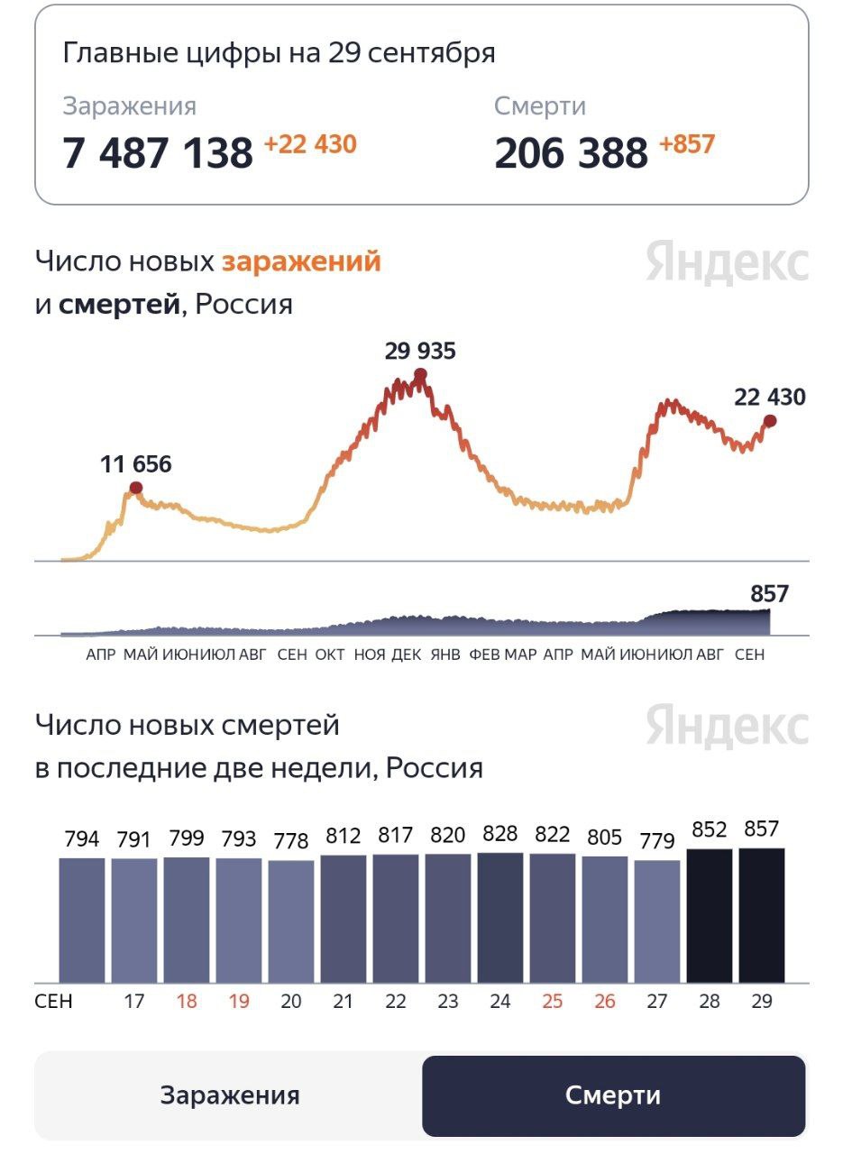 В стране новый рекорд по числу умерших от коронавируса за сутки — скончались 857 человек