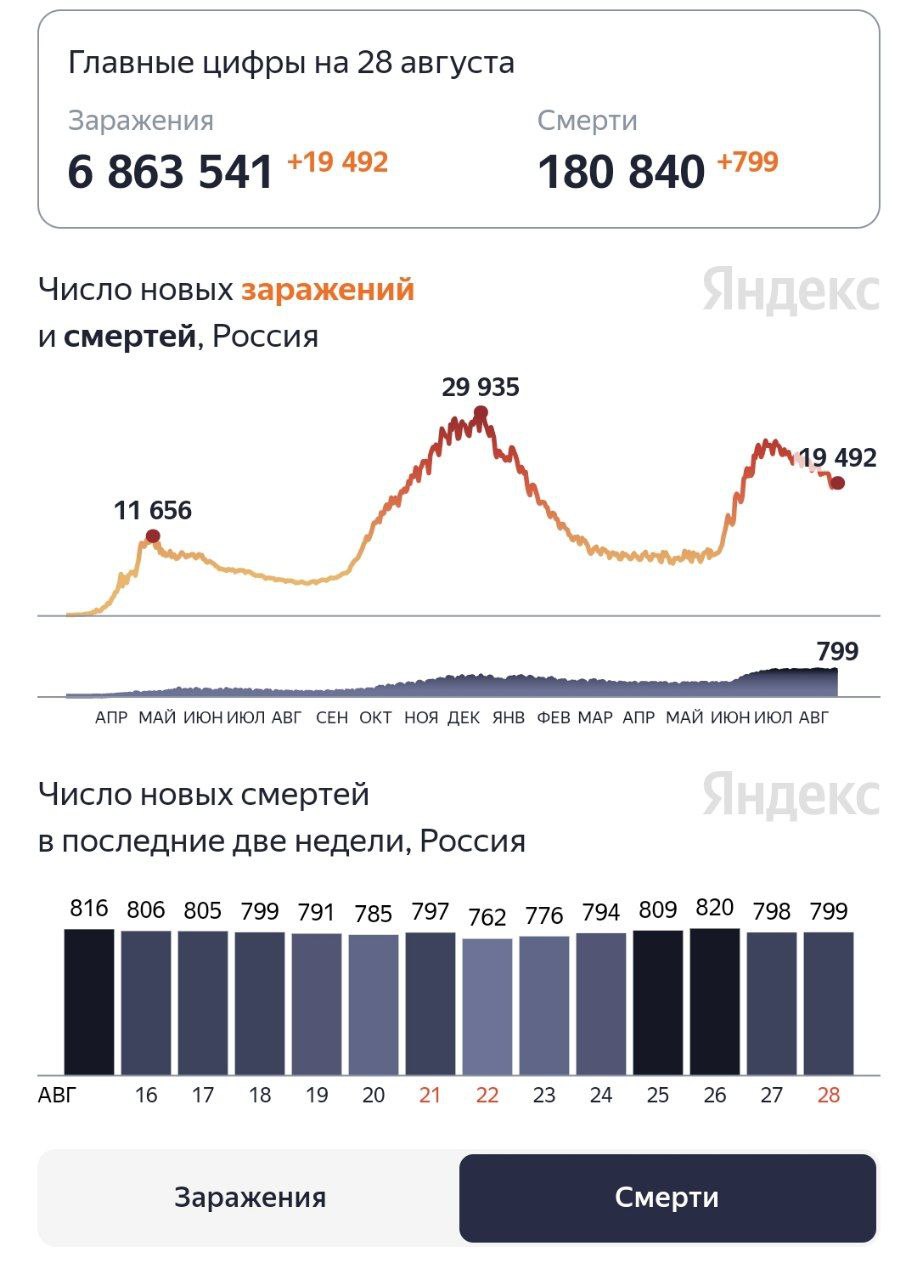 В России второй день подряд зафиксировали менее 800 смертей от коронавируса
