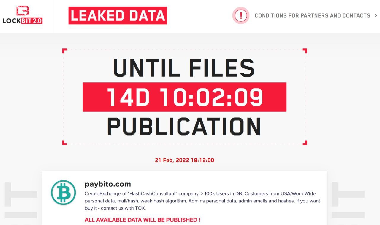 Операторы вируса-вымогателя «LockBit» угрожают выложить в открытый доступ данные клиентов обменника криптовалют «PayBito», пишет dataleak