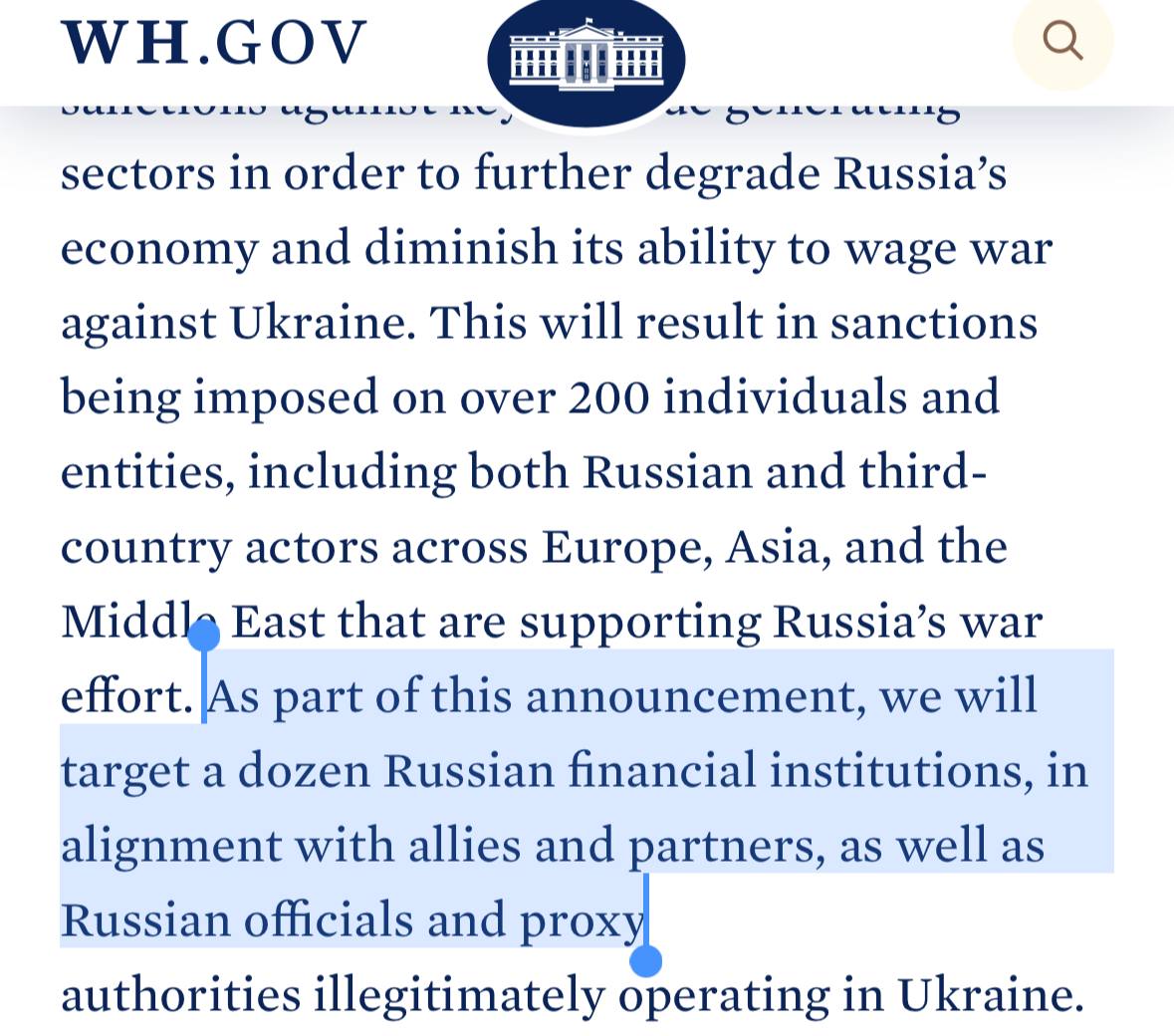 ????????Из официального заявления Белого дома: «Вместе с союзниками и партнерами мы нанесем удар по дюжине (12) российский финансовых компаний»

Итак, США вероятно не будет ограничиваться все четырьмя банками, их может быть больше