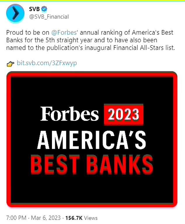 Банк Silicon Valley вошел в ежегодный список лучших банков Америки по версии Forbes всего за несколько недель до краха