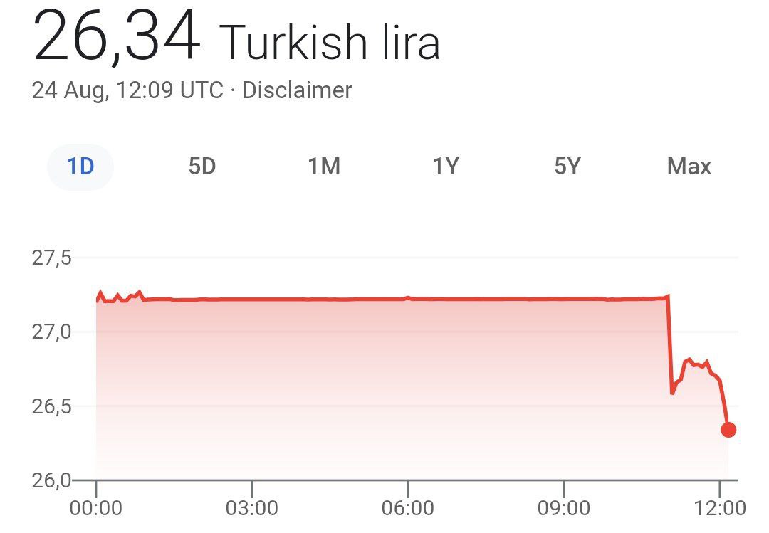 Курс турецкой лиры взлетел до 26,3 за доллар после повышения ключевой ставки Центробанком страны до 25%