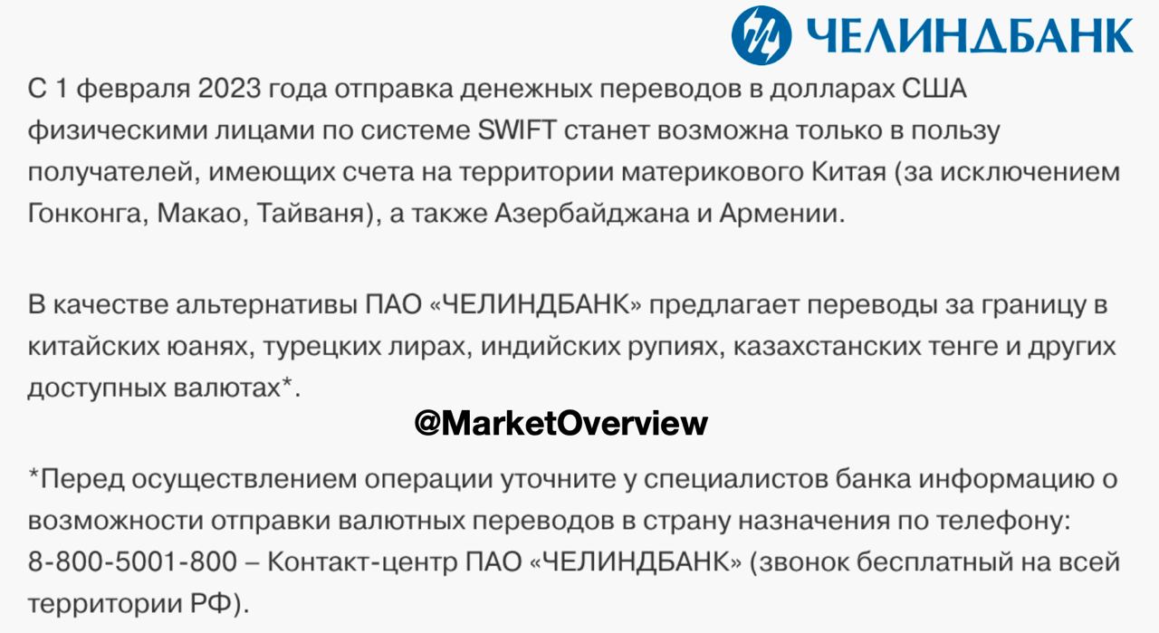 ????Челиндбанк ограничил переводы в долларах 
С 1 февраля переводы в USD возможны только в банки Азербайджана, Армении и материкового Китая (в Гонконг, Макао, Тайвань - нельзя)