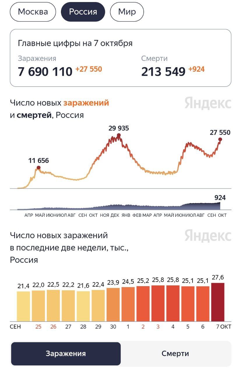 В России новый максимум заболевших коронавирусом - 27550 человек за сутки