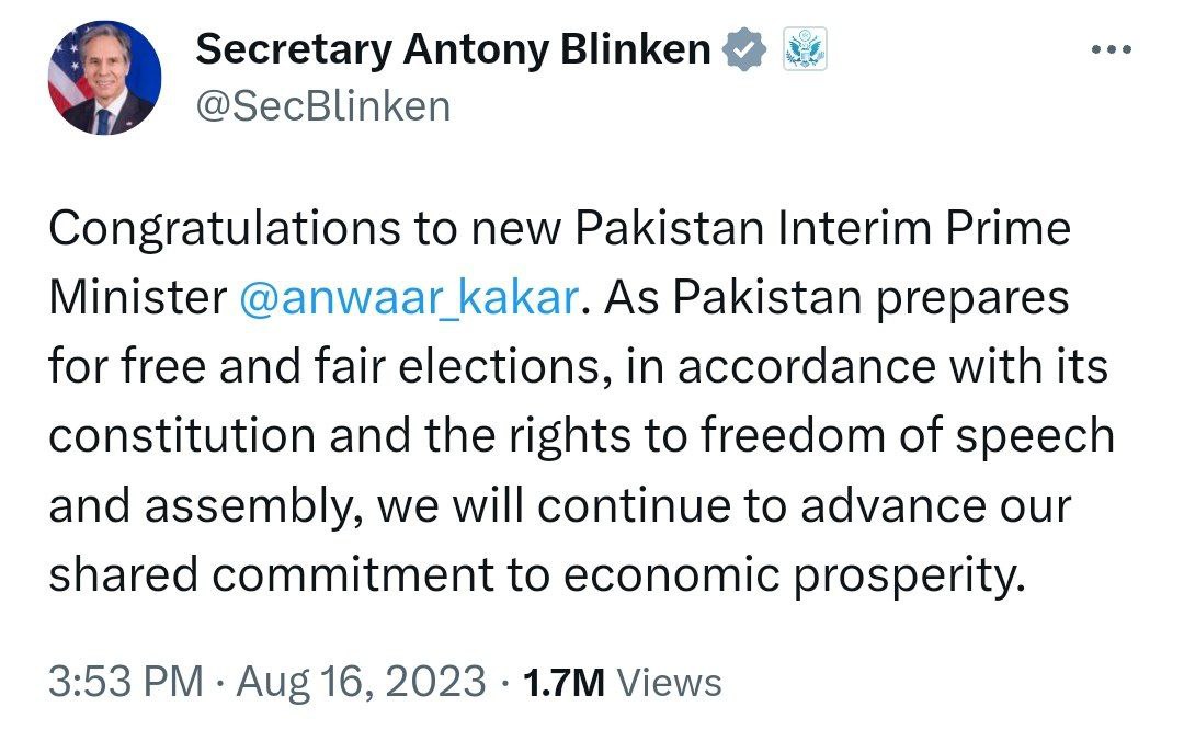 Госсекретарь США Энтони Блинкин поздравил главу временного правительства Пакистана с проведением "честных выборов" после того как главного конкурента и бывшего главу Имрана Хана посадили в тюрьму
