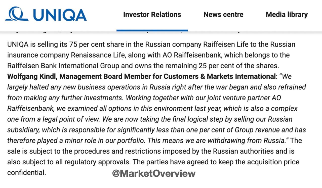 ⚡️ Ренессанс страхование покупает СК Райффайзен Лайф 

В отчетности UNIQA Insurance Group, владелец 75% пакета в СК Райффайзен Лайф, сообщила о продаже российской дочки