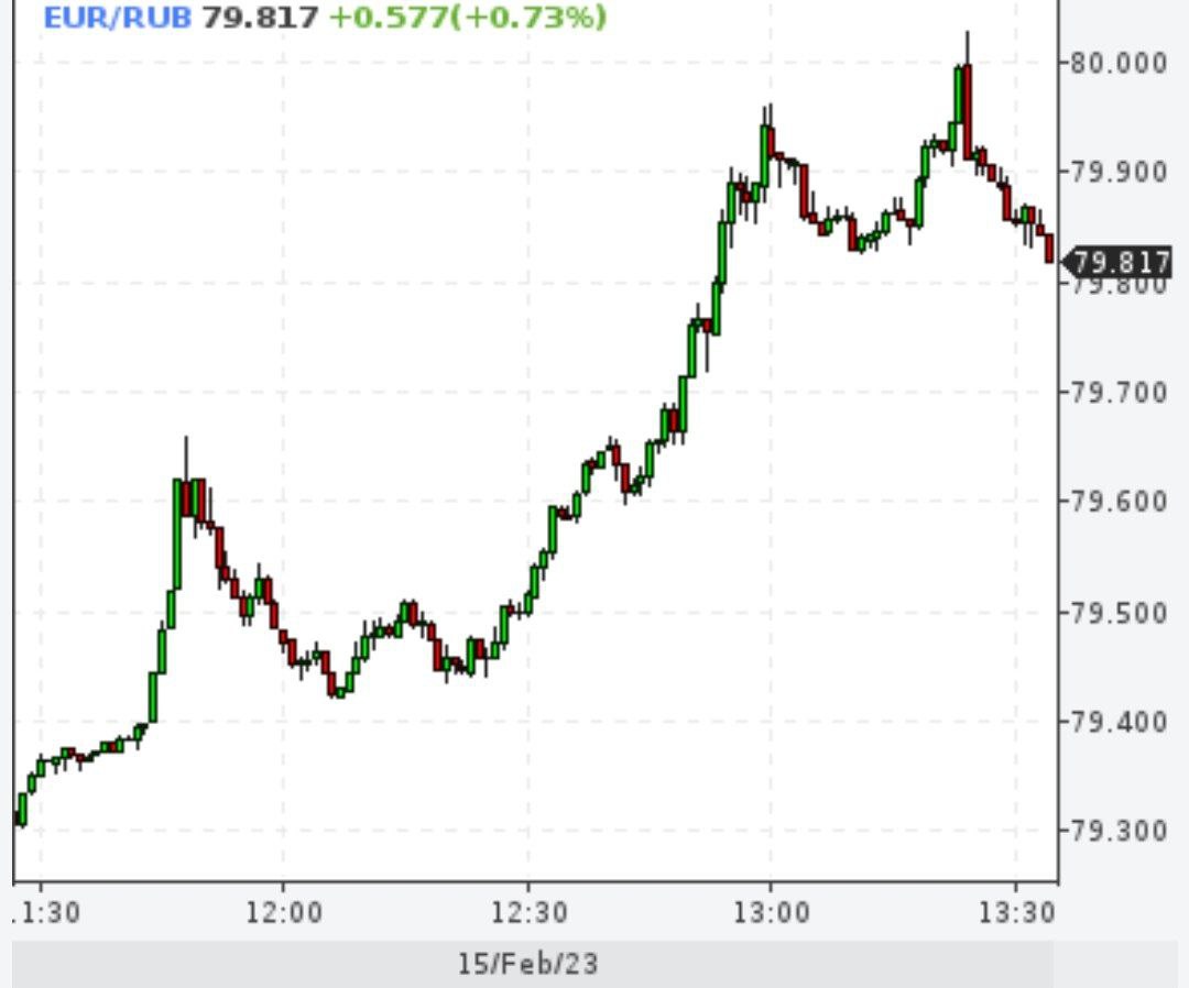 Курс евро на Мосбирже впервые с апреля 2022 года достиг 80 руб