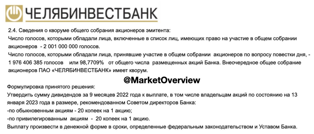 ????Еще один банк решил заплатить своим акционерам дивиденды внепланово: Челябинвестбанк выплатит более 400 млн руб дивидендов по итогам 9 месяцев 2022 года