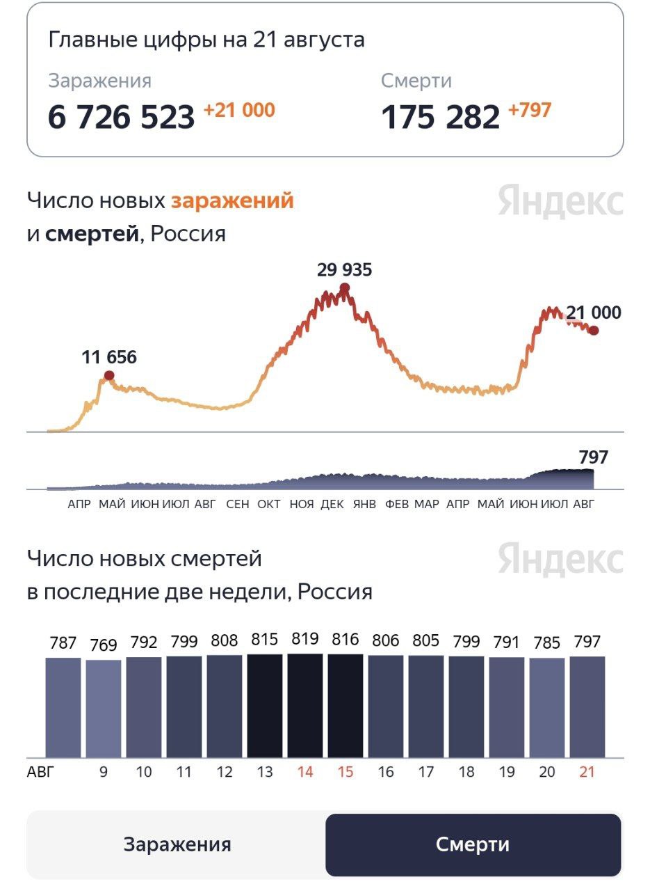 Заболеваемость коронавирусом снижается, но смертность стабильно выше 750