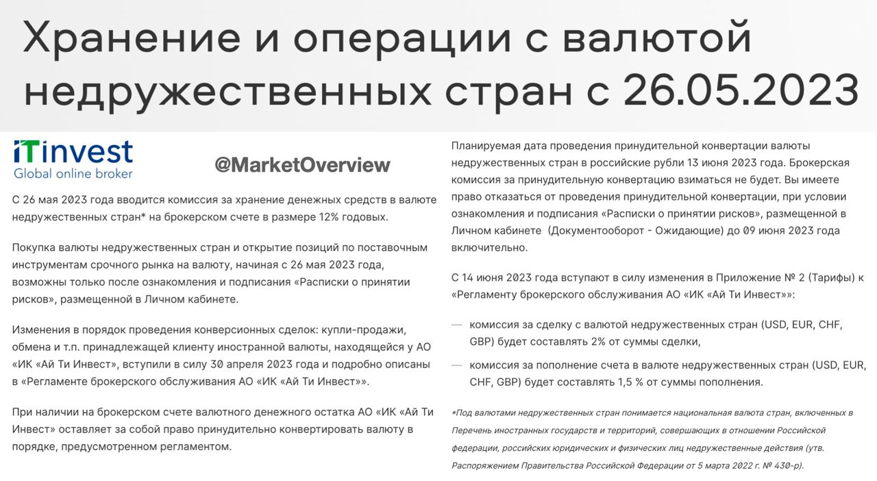 Брокер Ай Ти Инвест 12 июня принудительно сконвертирует всю валюту недружественных стран

30 апреля брокер прописал в Регламенте возможность принудительной конвертации валюты