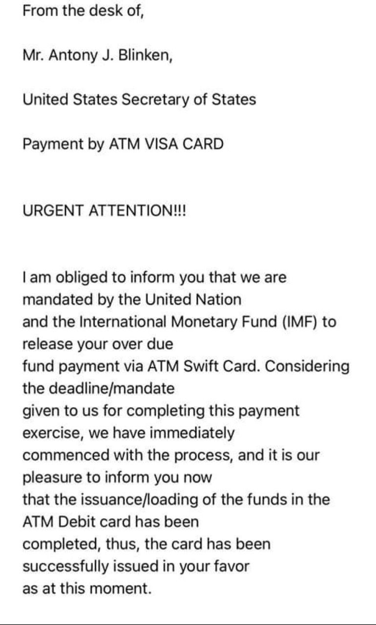 Мошенники начали рассылку писем о разблокировке платежей от имени госсекретаря США Блинкена