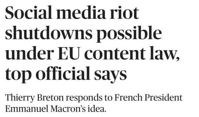 Еврокомиссар Тьерри Бретон говорит, что с 25 августа соцсети будут обязаны удалять «спорный контент» или «призывы к бунтам» под угрозой отключения