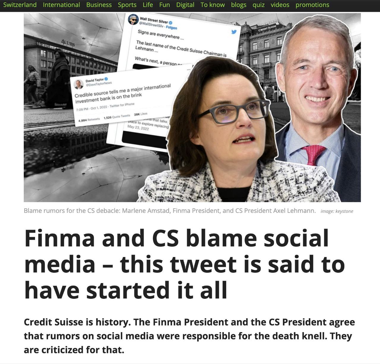 В Швейцарии считают, что Credit Suisse рухнул из-за твитов пары блогеров