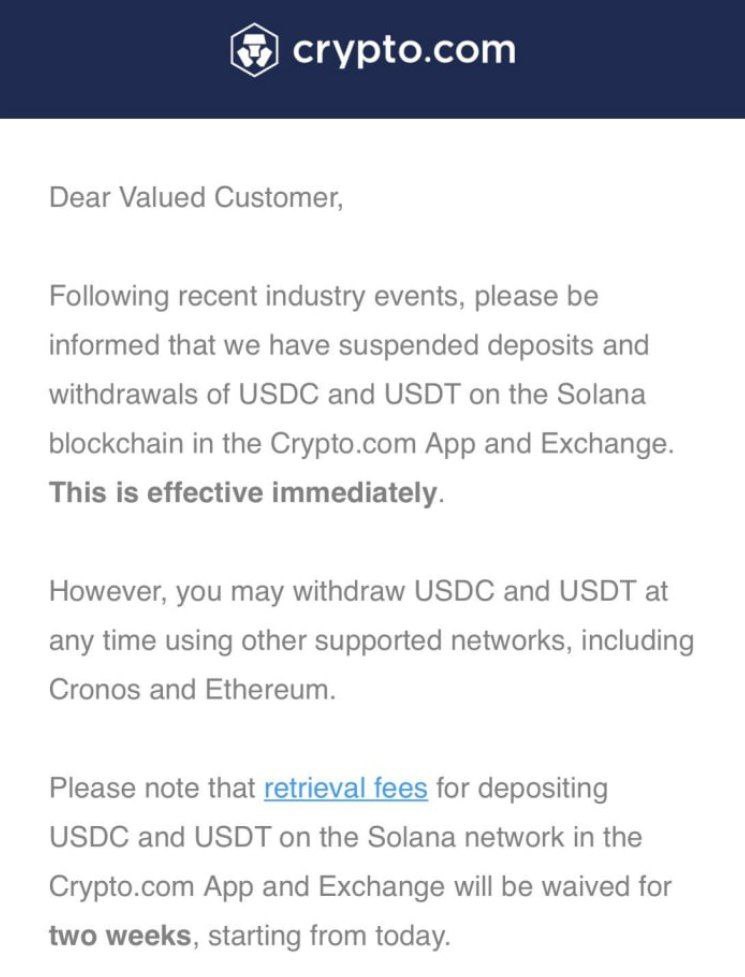 Биржа Crypto․com приостановила ввод и вывод USDC и USDT в сети Solana