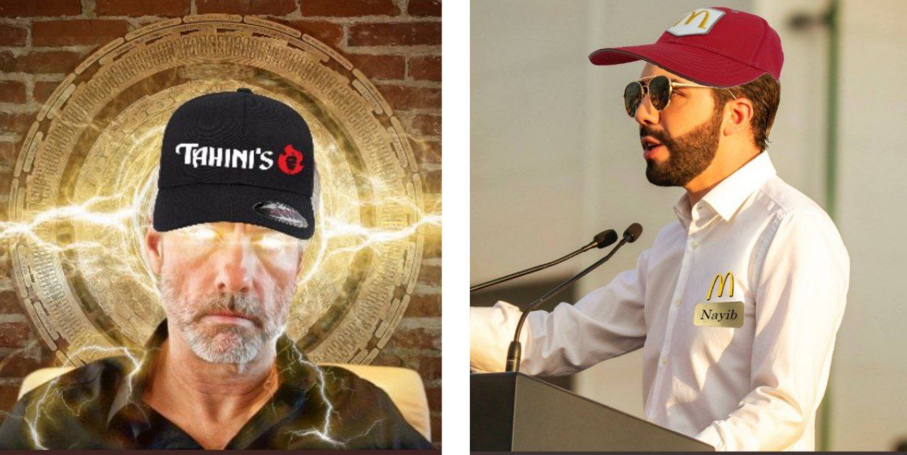 На фоне падения рынка криптовалют президент Сальвадора Найиб Букеле сменил аватарку в Twitter на костюм из McDonald’s (справа), а глава MicroStrategy Майкл Сэйлор надел кепку из сети ближневосточной шаурмы Tahini's