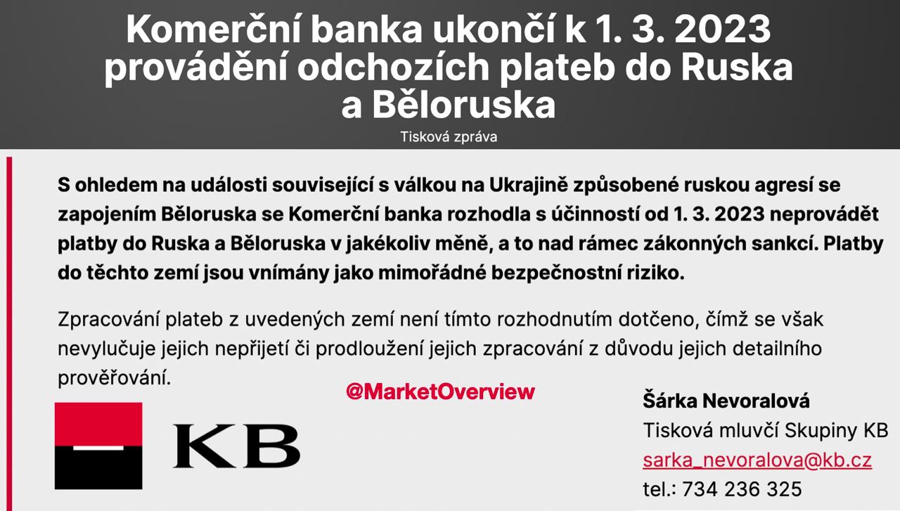 ????????Еще один из крупнейших банков Чехии приостанавливает переводы в Россию и Беларусь