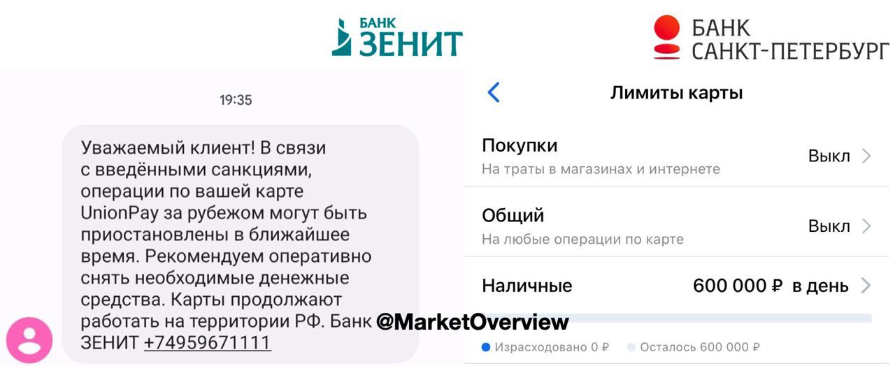 Аналогичные предупреждения для клиентов-держателей карт UnionPay разослали банк Зенит и банк Санкт-Петербург
