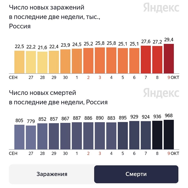 За последние 24 часа в России от коронавирусной инфекции COVID-19 умерли 968 человек, что стало новым рекордом с начала пандемии