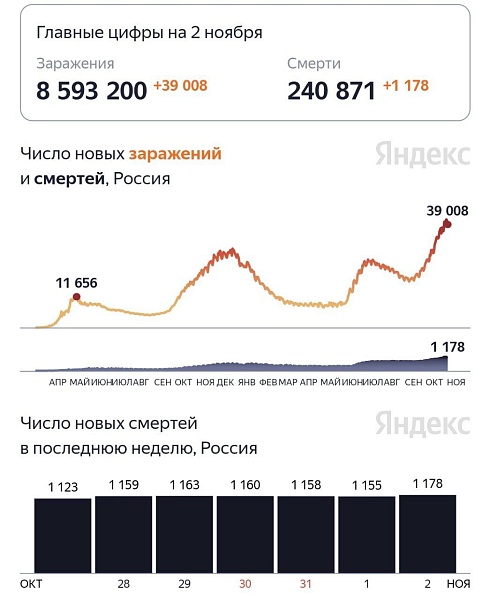 В России новый рекорд по смертности от коронавируса - 1178 человек за сутки