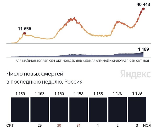 При этом суточная смертность от коронавируса снова обновляет рекорд - 1189 человек